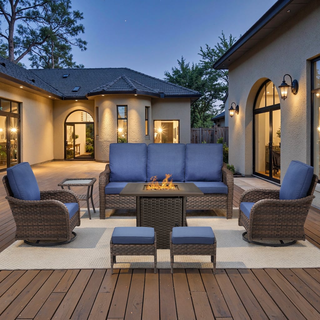 Cavira Brown Wicker Patio Fire Pit Conversation Set with Swivel Gliders