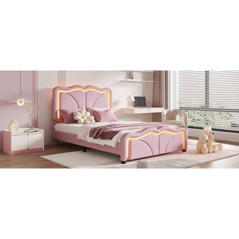Roomfitters Twin/Full Size Upholstered Platform Bed with LED Light Headboard and Footboard, Wave Shaped Padded Frame, Pink