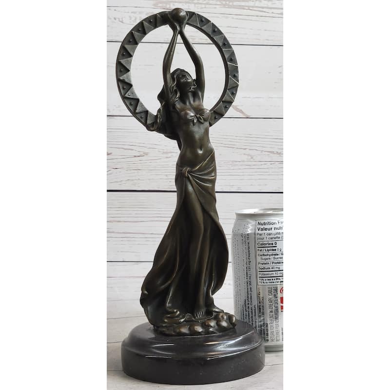 Gaia Girl Holding Moon In Front Of Sun Bronze Statue Sculpture Figure 12 Inches X 4 Inches