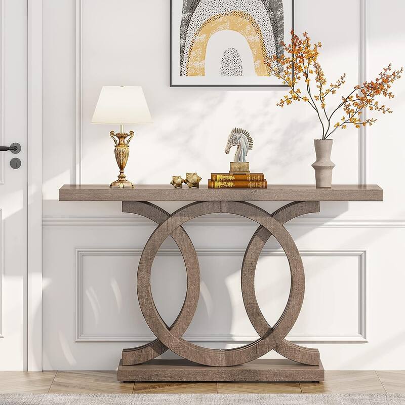 55 Inch Console Table with Geometric Base Wooden Hallway Table Vintage - Brown