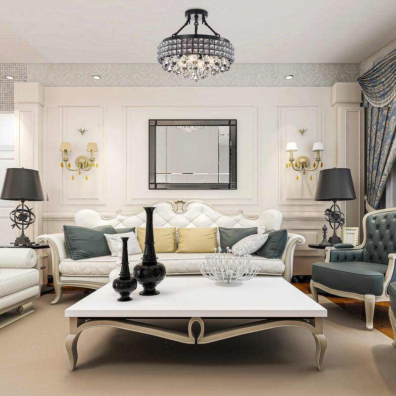 Black 4-Light Beaded Crystal Round Drum Semi Flush Mount