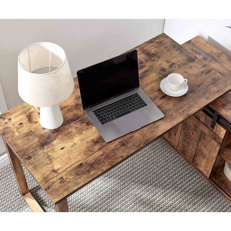GDFStudio - Olivia L-Shaped Home Office Desk with Attached Storage Credenza and Sliding Barn Door