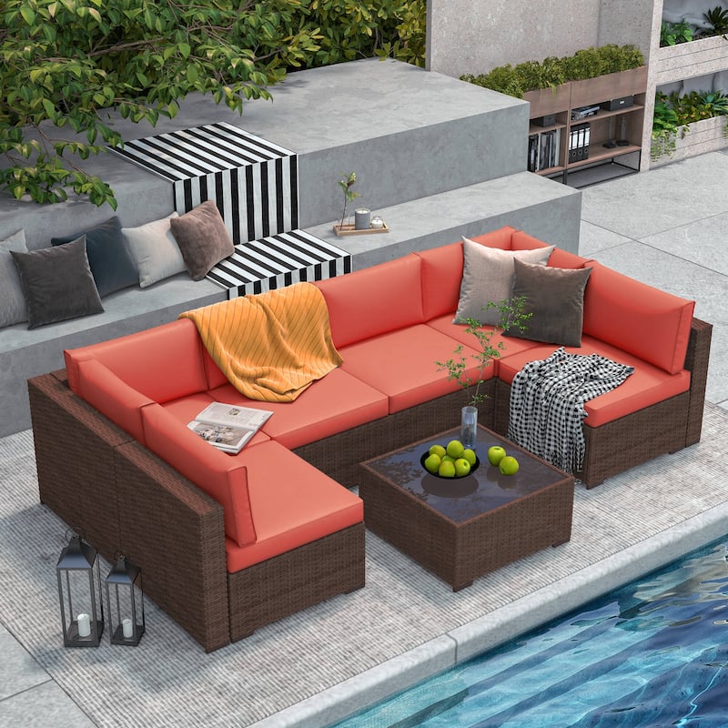 Wicker/ Steel 7-piece Outdoor Cushioned Sectional Sofa Set - Orange