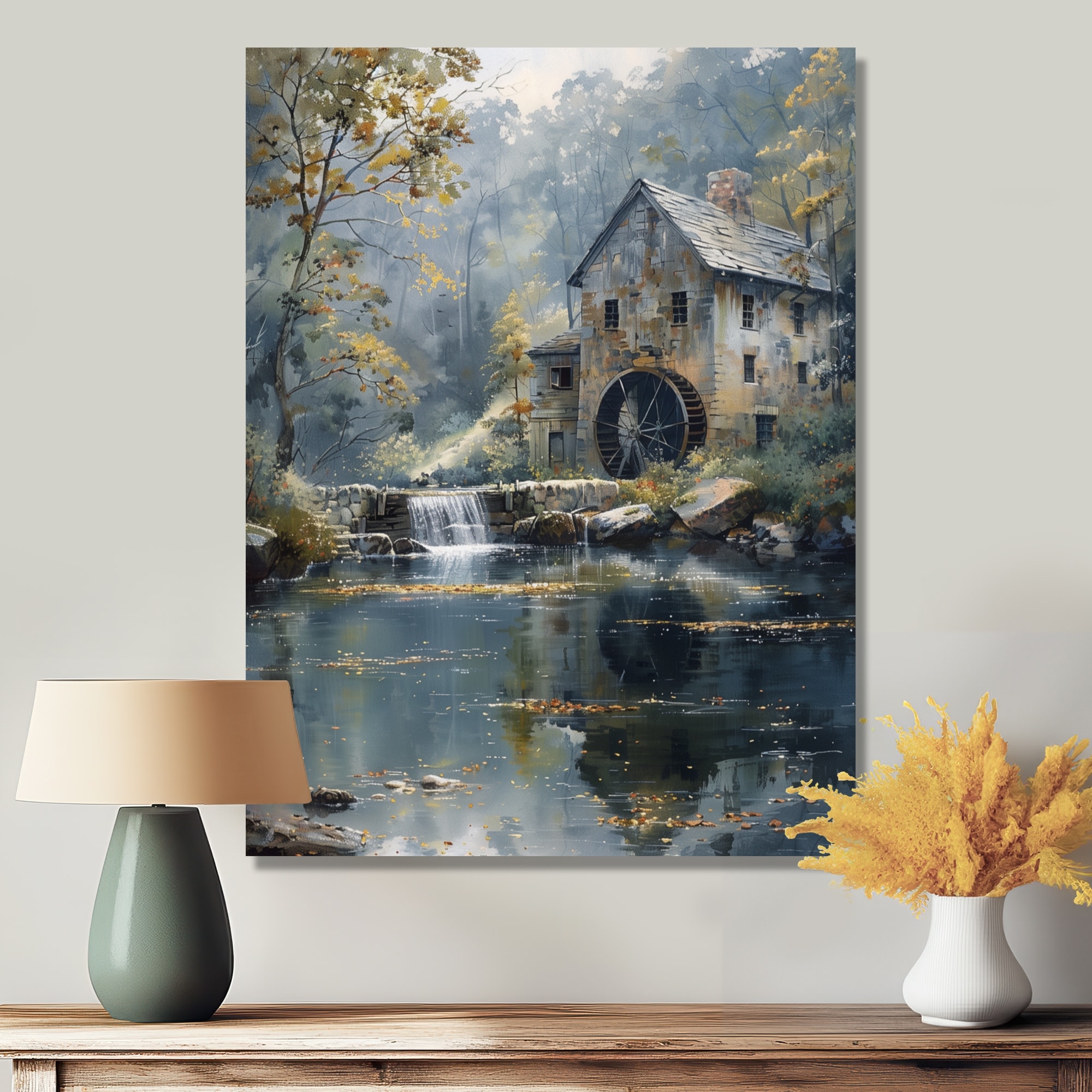 Designart "Green Grey Rural Summer Retreat Mill" Mills Canvas Wall Art - Traditional Wall Decor Art Green Wall Art Print