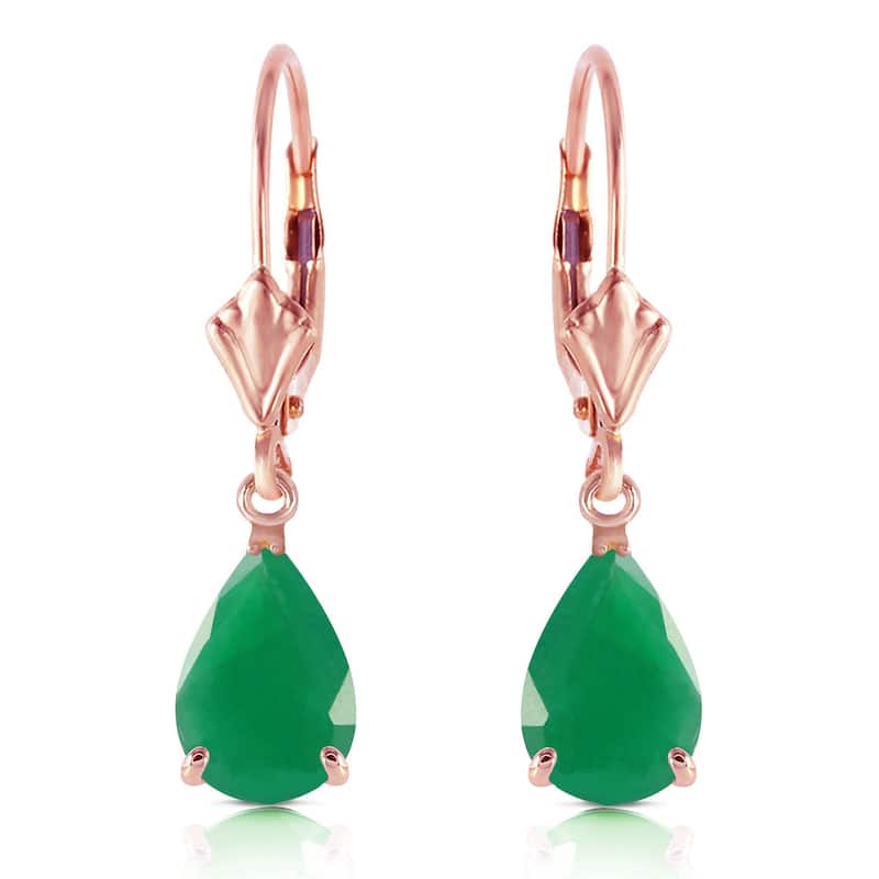 14K Solid Gold Elegant Leverback Earrings Natural Emerald Gemstone - Rose