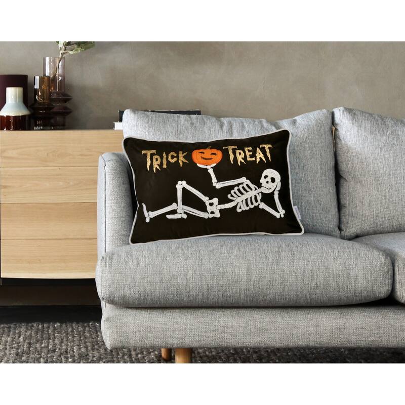 Trick or Treat Skeleton Velvet Throw Pillow - Halloween Lumbar Accent