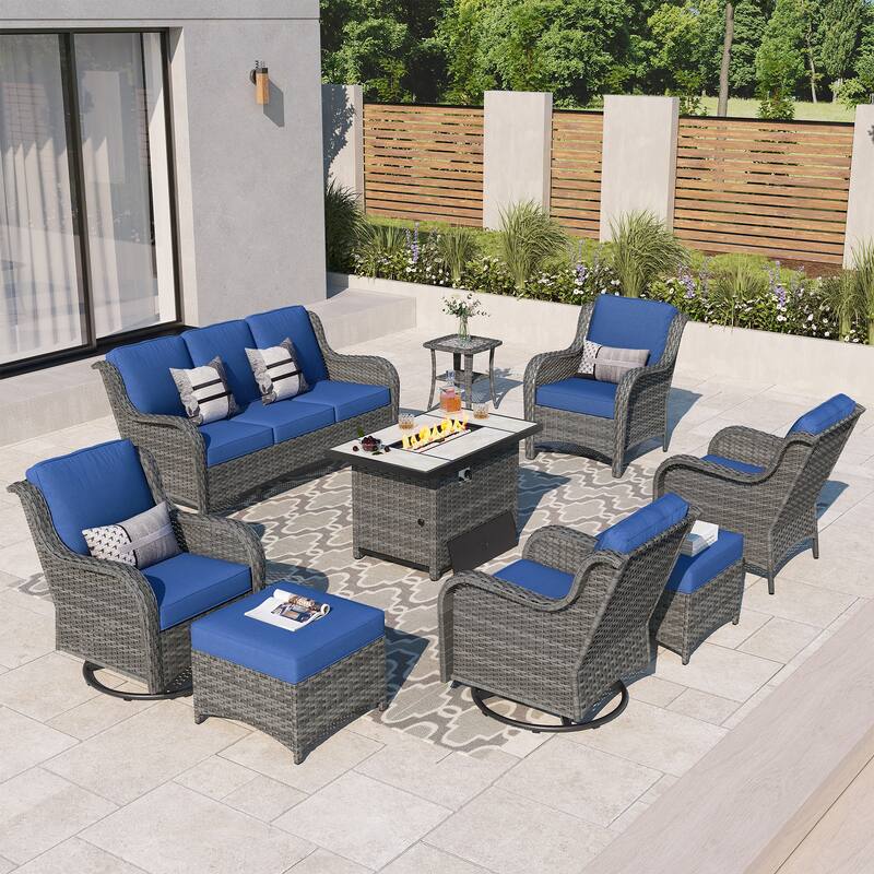 OVIOS 9-piece Patio Wicker Swivel Rocking Chair Set With Fire Pit - Navy Blue-Grey Wicker
