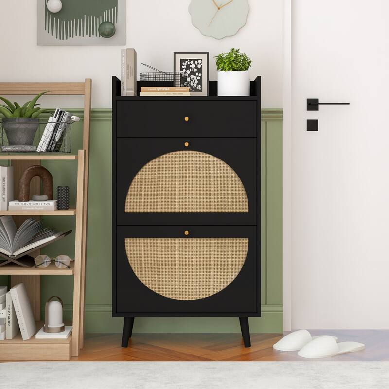 Entryway Shoe Storage Cabinet, Freestanding Rattan Shoe Rack, Shoe Organizer with 2 Flip Drawers & 1 Pull-Out drawer - Black