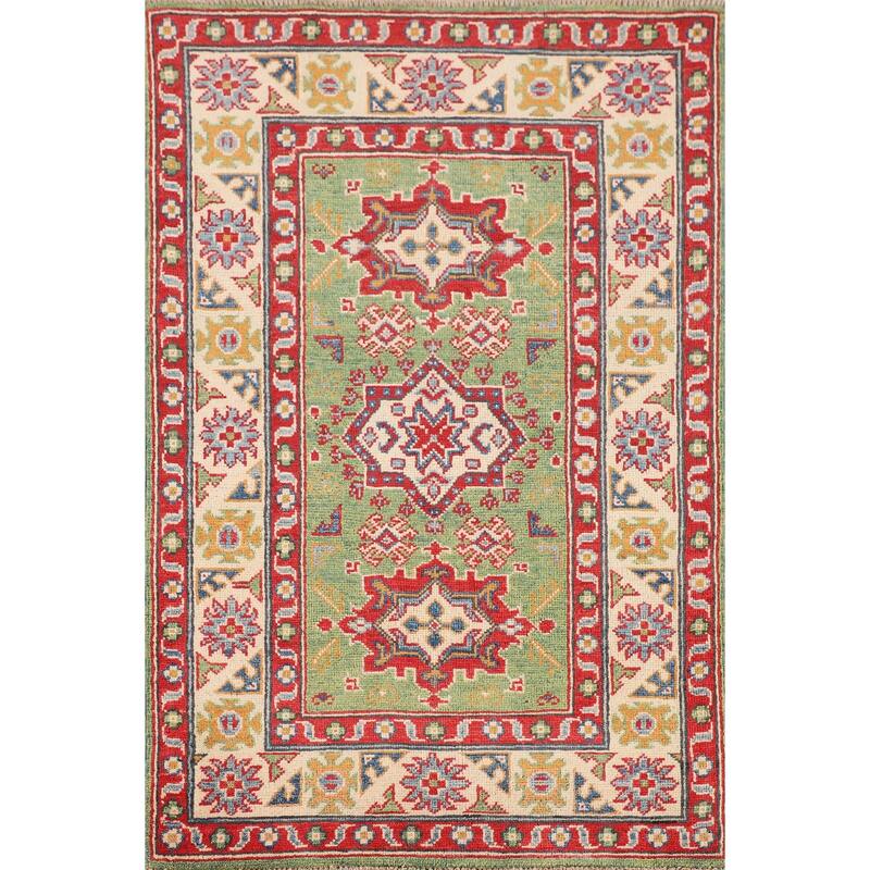 Light Green Kazak Oriental Accent Rug Handmade Wool Carpet - 2'9" x 4'1"