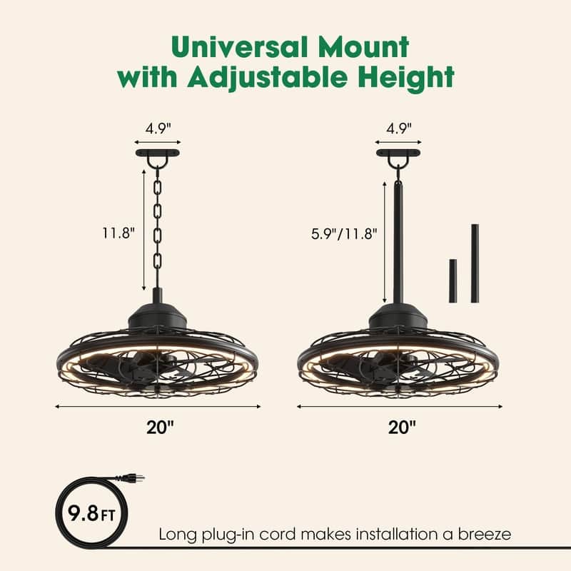 Wall Mounted Fan with Lights 20” Wall Mount Fan with Remote 6 Speeds Plug in Wall Fan Reversible Dimmable 360°Adjustable