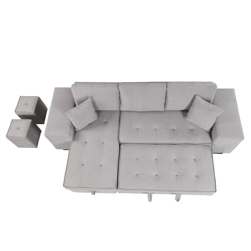 Convertible Sleeper Sectional Sofa, Reversible Sofa with Pull-Out Bed, Storage Chaise & 2 Stools, Linen Upholstered 4 Seat Sofa