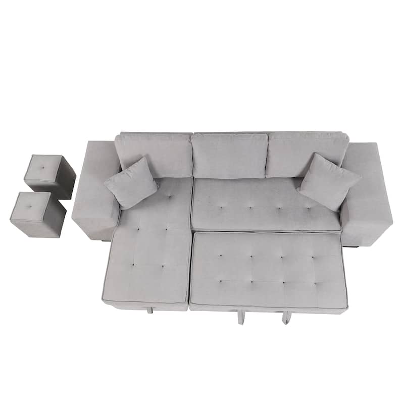 Roomfitters 3-Seater Modern L-Shape Reversible Sectional Couch, Pull-Out Sleeper Sofa with Storage Chaise and Two Stools