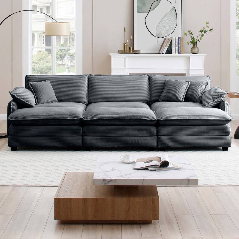 6-Piece Corduroy Modular Sleeper Sectional Sofa with 3 Ottomans & 5 Pillows