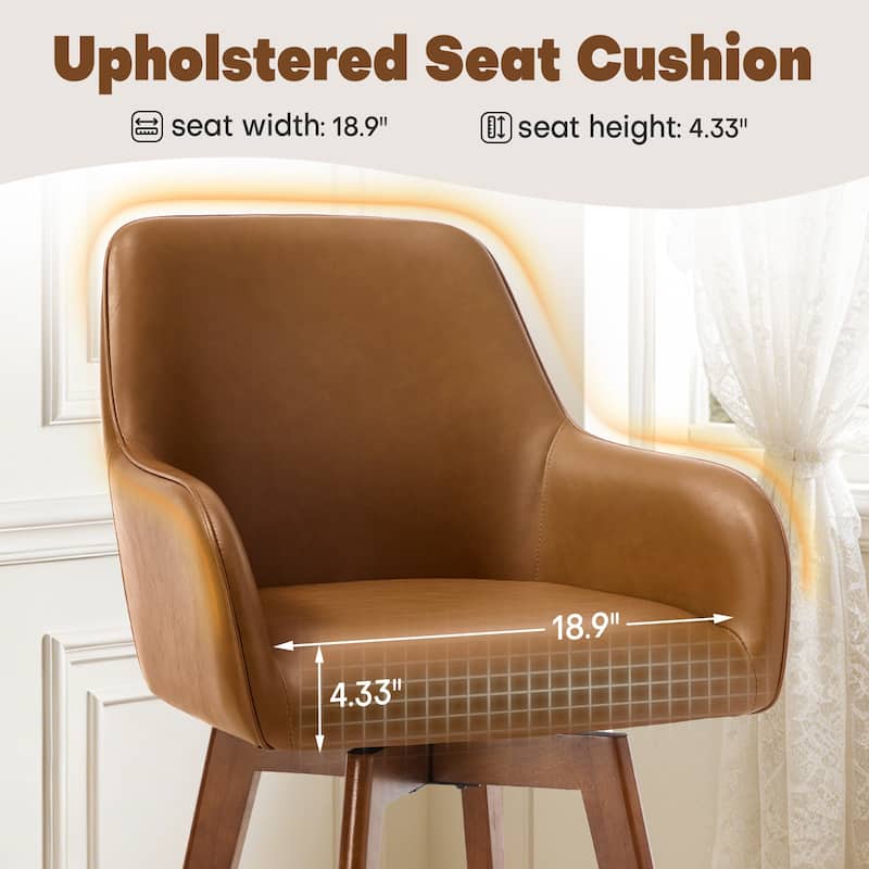 25 Inch Upholstered Swivel Counter Height Bar Stool with Armrests, Solid Wood Legs - 23.6"W x 22.4"D x 40.2"H