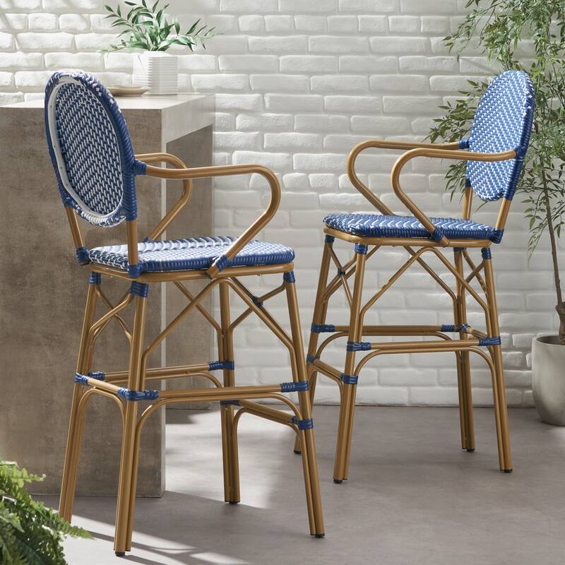 Outdoor Wicker and Aluminum Barstools, Set of 2