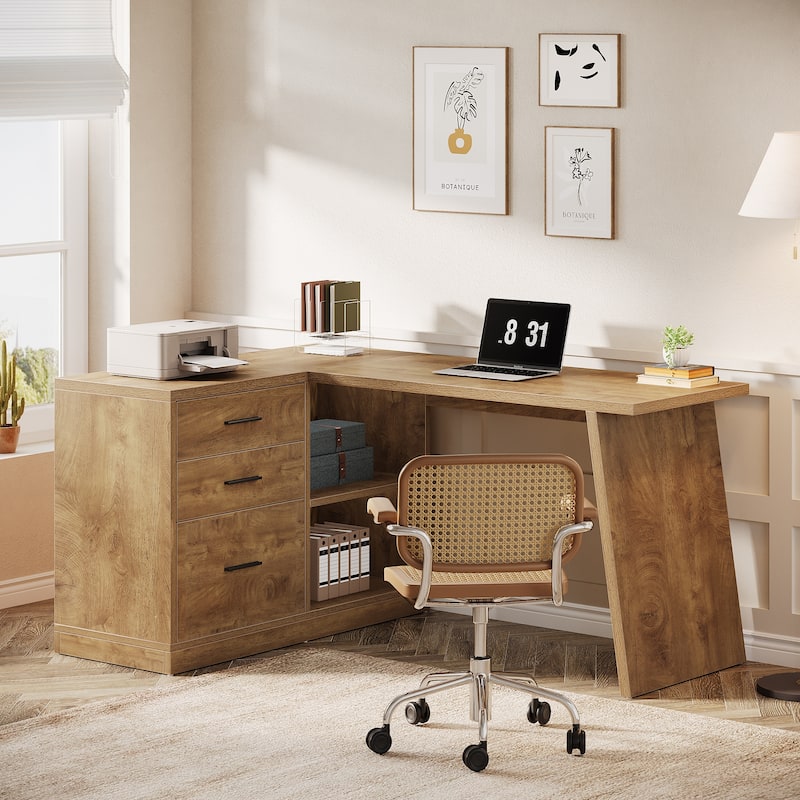 L-Shaped Computer Desk with File Cabinet, Home Office Desk with Storage