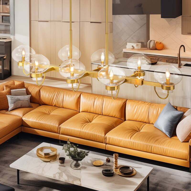 8-Light Modern Transitional Linear Kitchen Island Pendant Candle Clear Glass Globe Bubble Chandelier
