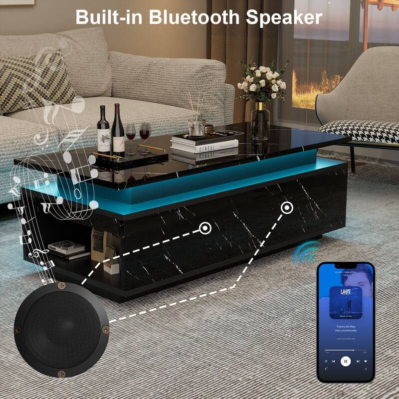 Smart LED Coffee Table 47.2" with Bluetooth Speaker & Wireless Charging, Modern White Marble Center Table