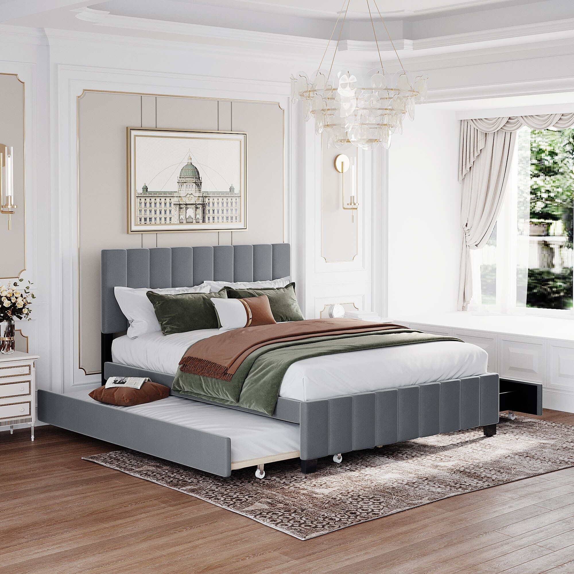 Queen Size Velvet Upholstered Platform Bed with 1 Twin XL Trundle