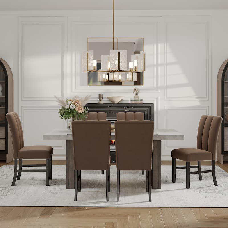 Roundhill Furniture Sorlen 7-Piece Dining Set, 3D Faux Concrete Table with 6 Chocolate Fabric Chairs