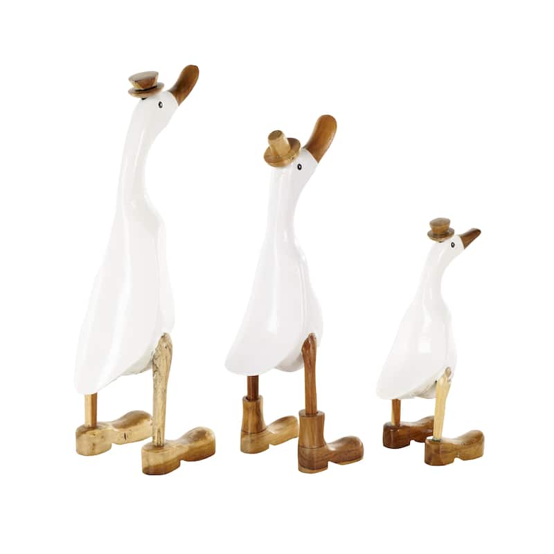 Bamboo Wood Duck Decorative Sculpture with Brown Top Hats and Shoes - Set of 3 White - Roche River Decor