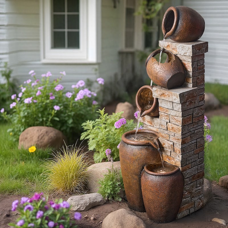 Glazed Terracotta Pots Polyresin Cascade Water Fountain Weather Resistant