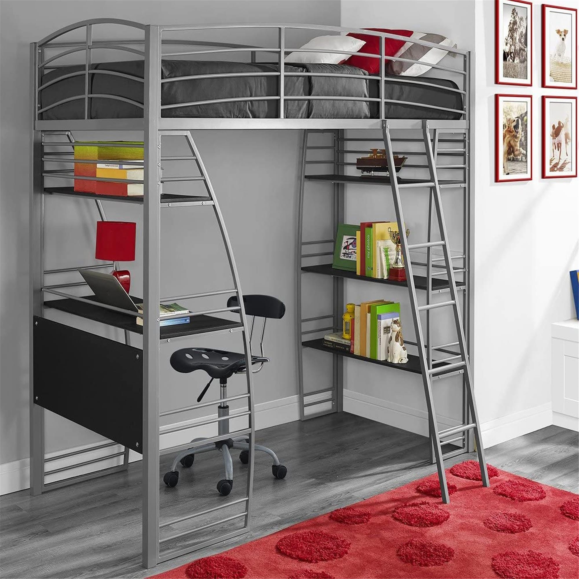 Full Size Studio Loft Bunk Bed Over Desk and Bookcase with Metal Frame Silver 