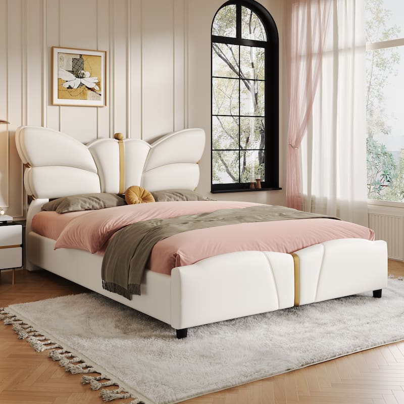Bedroom Platform Bed Frame with Butterfly-Shaped Headboard, PU Leather Upholstered Bed with Gold Accents - Beige - Queen