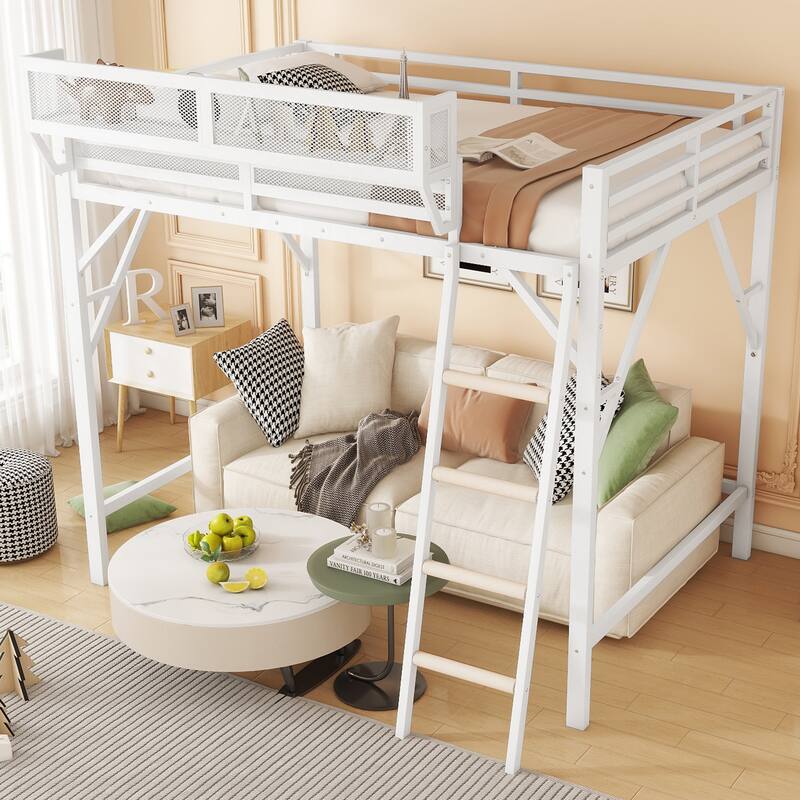 Metal Loft Bed Frame with Storage Shelves for Upper, Loft Bed with Ladder, High Loft Bed for Kids Teens - White - Queen