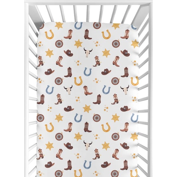 slide 2 of 6, Sweet Jojo Designs Boho Western Cowboy Boy Fitted Crib Sheet - Blue, Bohemian, Vintage Wild West, Cow Boy Boots, Southern Charm