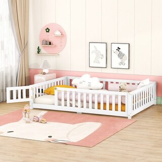 Full Size Floor Bed with Safety Guardrails and Door for Kids