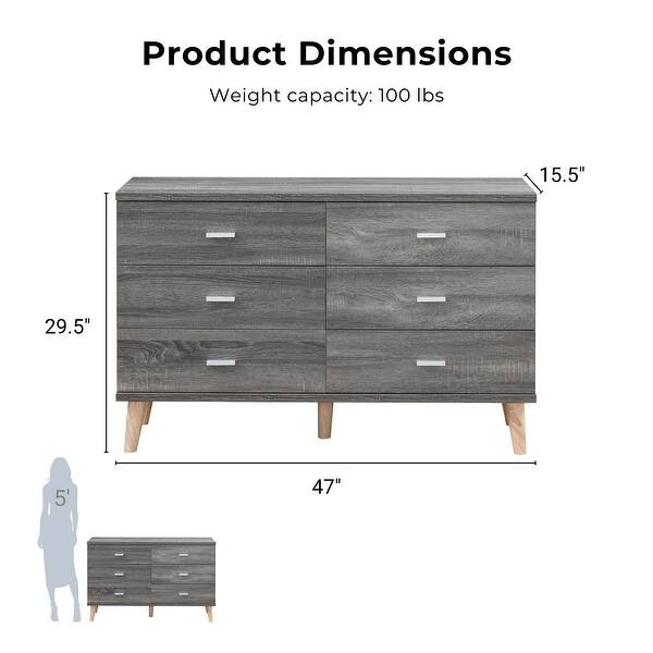 DH BASIC Mid-Century Modern Distressed Grey 47-inch Wide 6-Drawer Dresser with Bar Pulls by Denhour