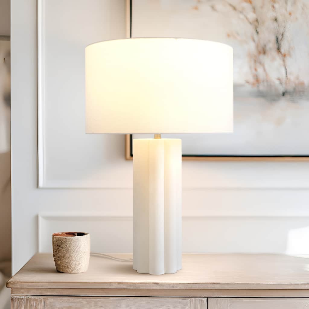 Brightech Becca 20.5" Off-White Cream Mid-Century 9W 800Lm 3000K LED Contemporary Round Table Lamp With Cream Cotton Drum Shade