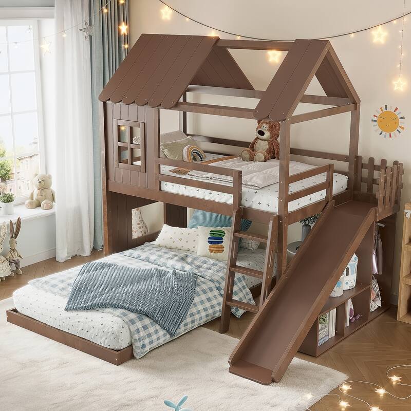 Twin over Full House Bunk Bed with Ladders and Slides, House Floor Bunk Bed with Storage Shelves and Wardrobe