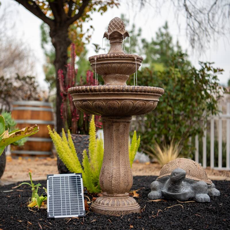 XBrand 39" 2-Tier Solar Water Fountain – Sandstone Resin, Auto Pump, Classic Design