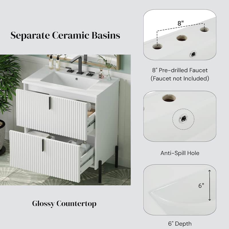 30" Bathroom Vanity with Ceramic Sink, Fluted Design, Full-Extension Drawers, Soft Close Drawer Slides