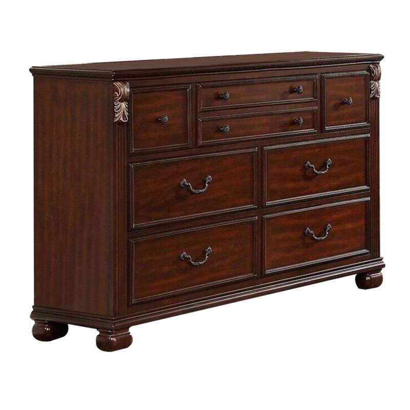 Miri 59 Inch 8 Drawer Dresser, Brass Carved Trim Accents, Cherry Oak Brown