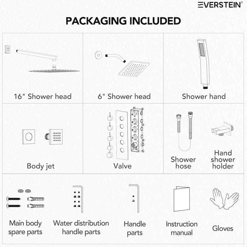 Dual Heads 16" Rainfall & High Pressure 6" Thermostatic Shower System with Body Jets