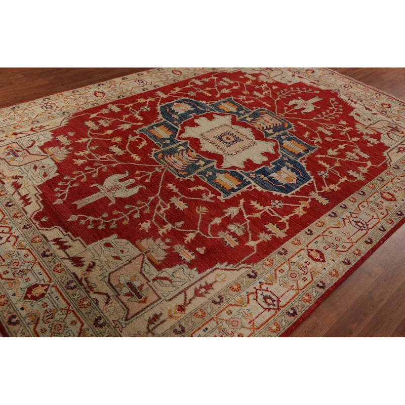 Geometric Heriz Serapi Vegetable Dye Area Rug Handmade Wool Carpet - 6'11"x 10'1"