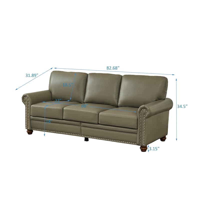 2pc Leather Sofa Nailhead Recliner Loveseat Grey 3-seat Round Arm Sofa ...