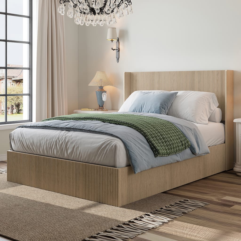 Lift Up Storage Bed Frame Undulating Hydraulic Platform Bed Frame with Wingback Headboard, No Box Spring Needed, Noise Free,Oak