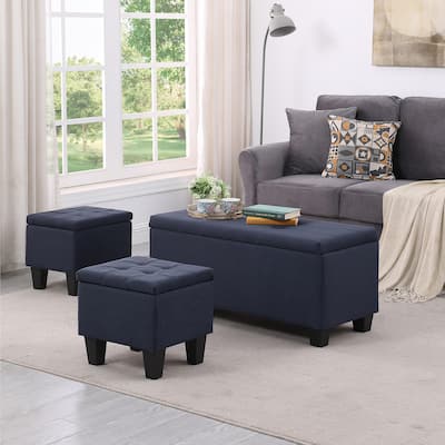 Tufted Fabric Storage Ottoman Bench, Ottoman Linen Bench - Set of 3