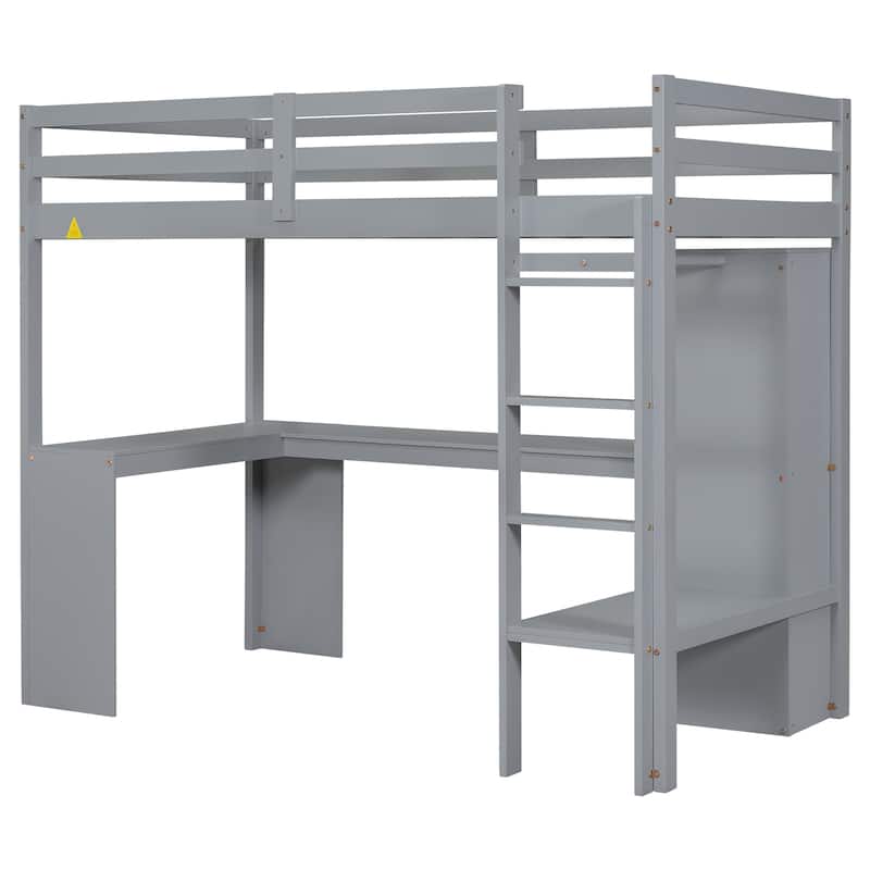 Solid Wood Loft Bed with L-shaped Desk and Storage Shelves