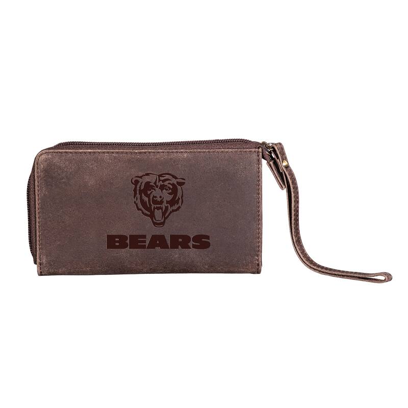 Brown Leather Cell Phone Wristlet Wallet, Chicago Bears - 4" x 7"