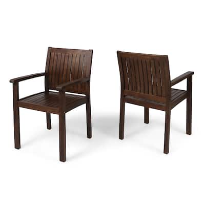 Alison Outdoor Dining Arm Chair Set of 2, Slatted Brown Acacia Wood