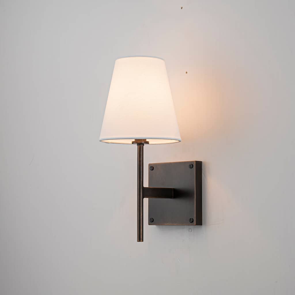 CaftHome Classic Bronze 13'' Tall 1-Light Fabric Shade Wall Sconces Mondern White Linen Tapered Shade Sconce - W6''