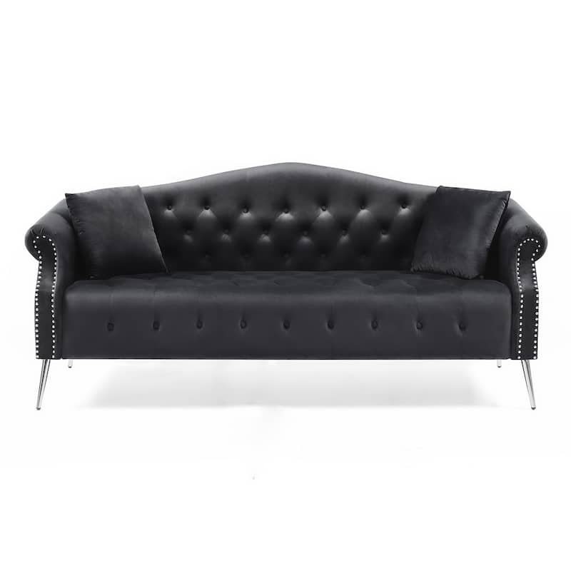 3 Seater Velvet Upholstered Sofa with Pillow and Nailhead Arms, Black ...