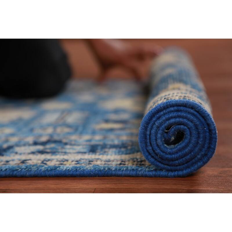Hand Knotted Oriental 100% Wool Carpet Transitional All-Over Navy Blue & Blues Oushak Runner Rug - 9' 8'' X 2' 7''