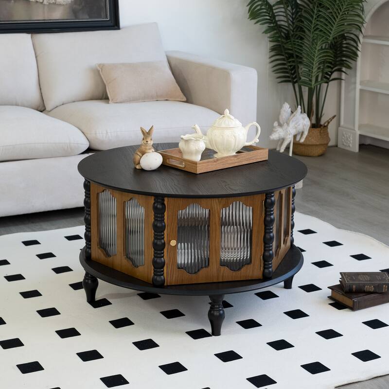 31.5" Round Real Wood Veneer Coffee Table, Three-Door Storage, Black + Walnut for Compact Areas