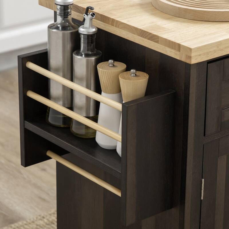 Rolling Cart with Rubberwood Top, Kitchen Island on Wheels with Spice Rack, Towel Rack and Drawers for Dining Room